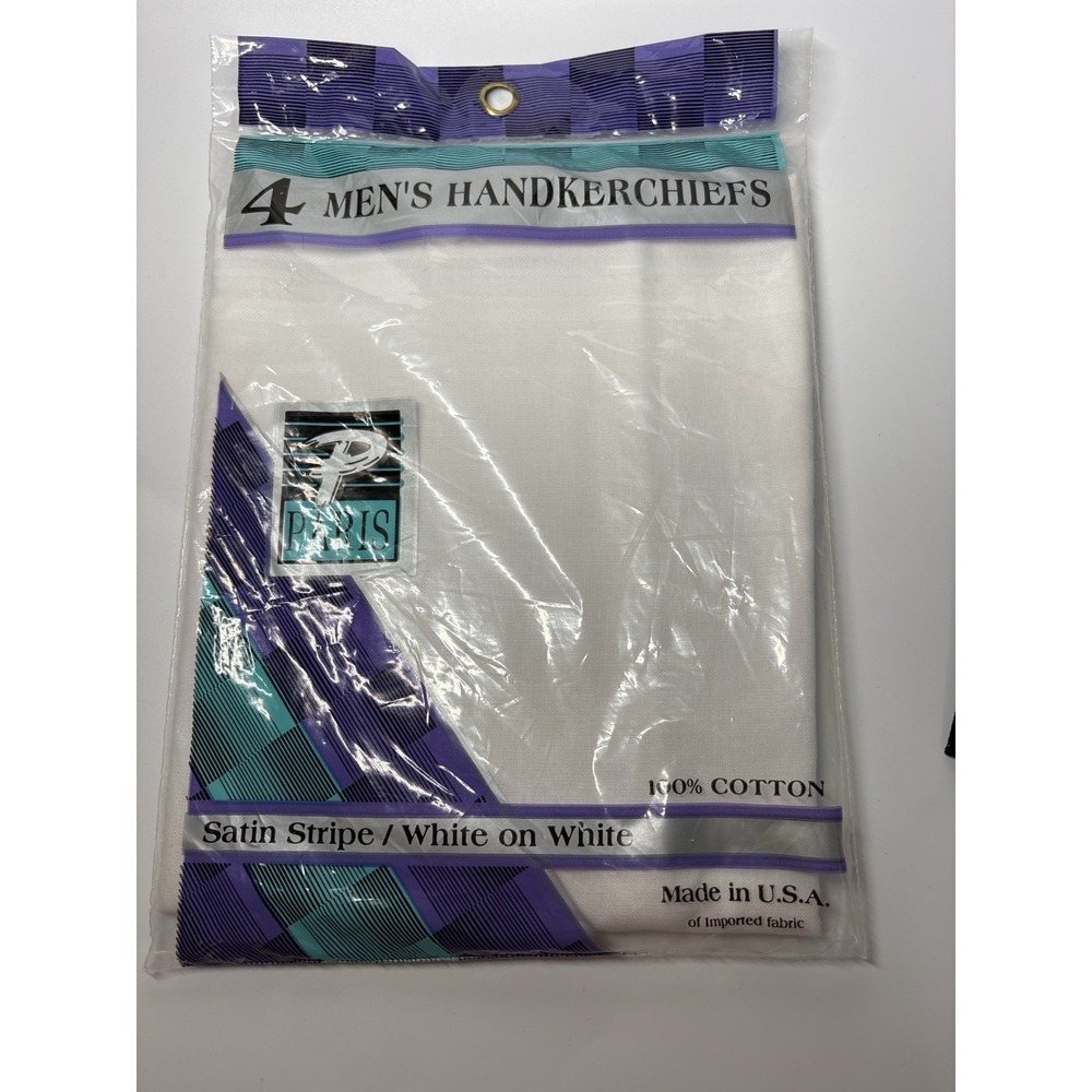 4 Mens Handkerchiefs Paris Accessories Inc Satin Stripe 100% Cotton White NEW